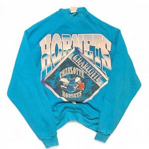 Vintage Charlotte Hornets Basketball Blue Crewneck Graphic Zubaz Sportwear Sz L